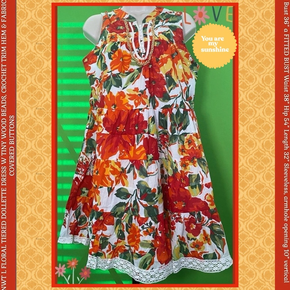 NWT L DRESS TROPICAL COASTAL RESORT RED ORANGE FLORAL COTTON WOOD BEAD NECKLINE
